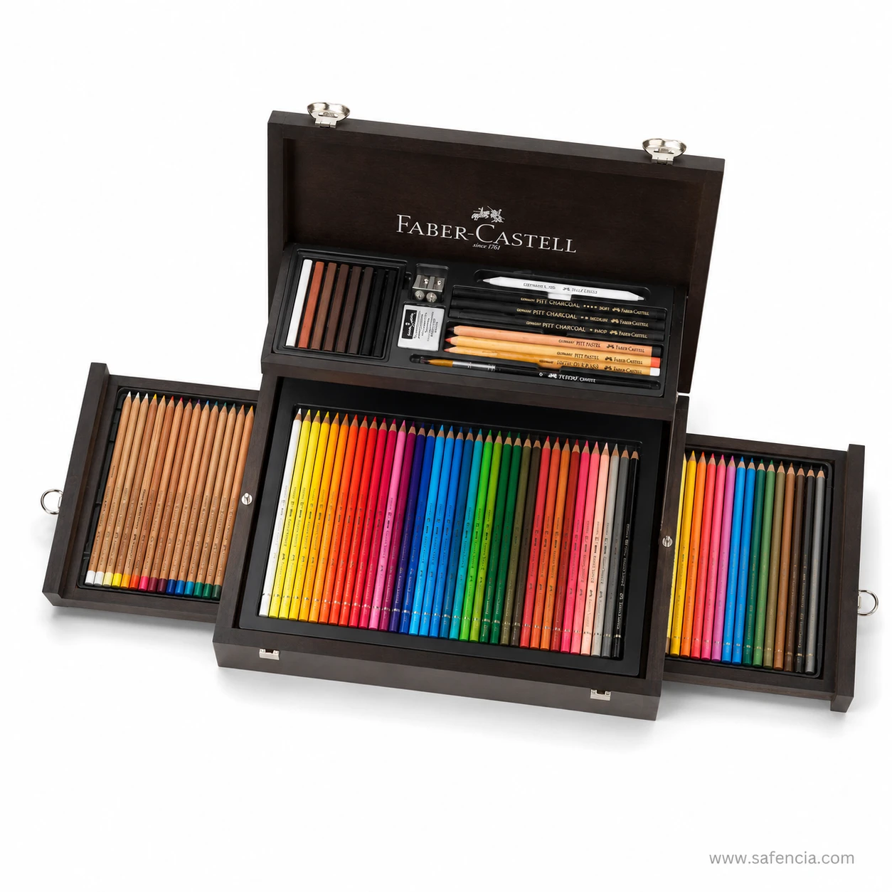 Faber-Castell Compendium wooden case lid raised showing the printed crest inside the stained wood and the loaded drawers below