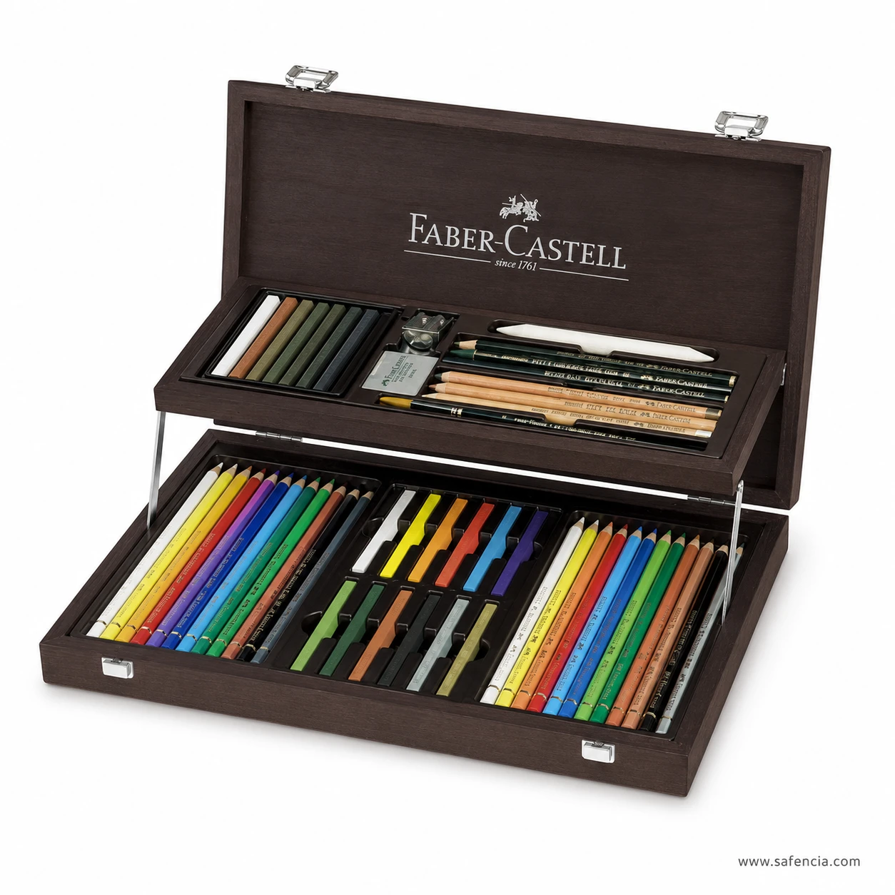 Faber-Castell Compendium wooden case top tray holding graphite pencils, charcoal, chalk sticks and a metal double hole sharpener