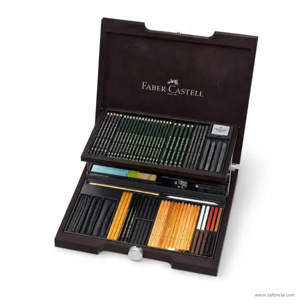 Faber-Castell Pitt Monochrome Drawing Set, Wooden Case 85 Pieces