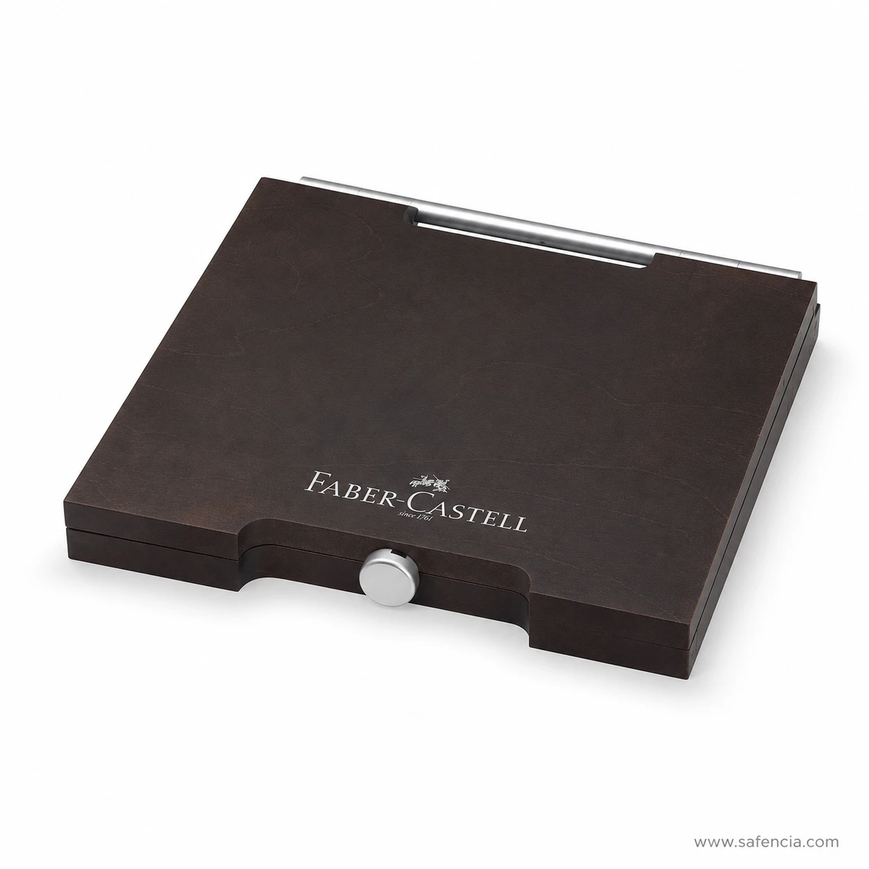 Faber-Castell Pitt Monochrome wooden case closed on a white background showing the stained lid and the drawer pull at the front