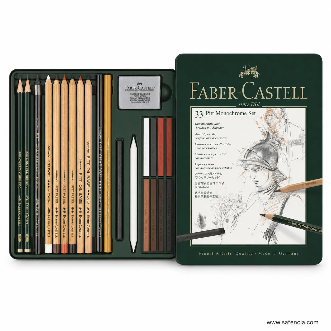 Faber-Castell 33 Pitt Monochrome Set tin open, showing the full tray of pencils, sticks and accessories beside the printed lid
