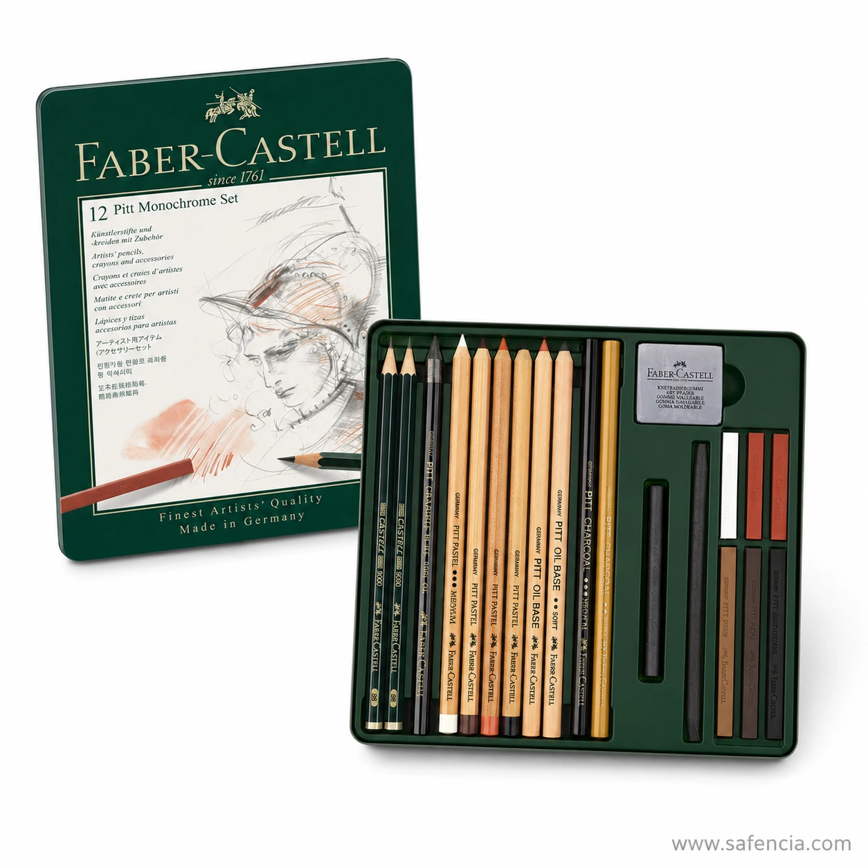 Faber-Castell 12 Pitt Monochrome set tray with graphite pencils Pitt pastel and oil base pencils charcoal and white and sanguine chalks