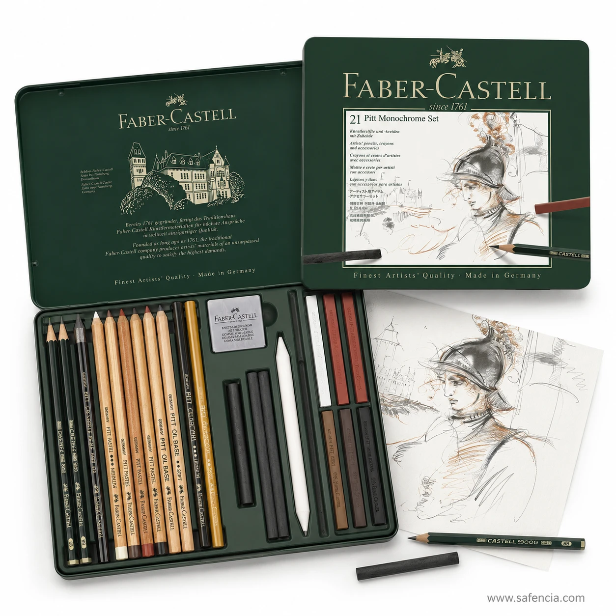 Faber-Castell Pitt Monochrome artists tin set with charcoal sticks and blending tools