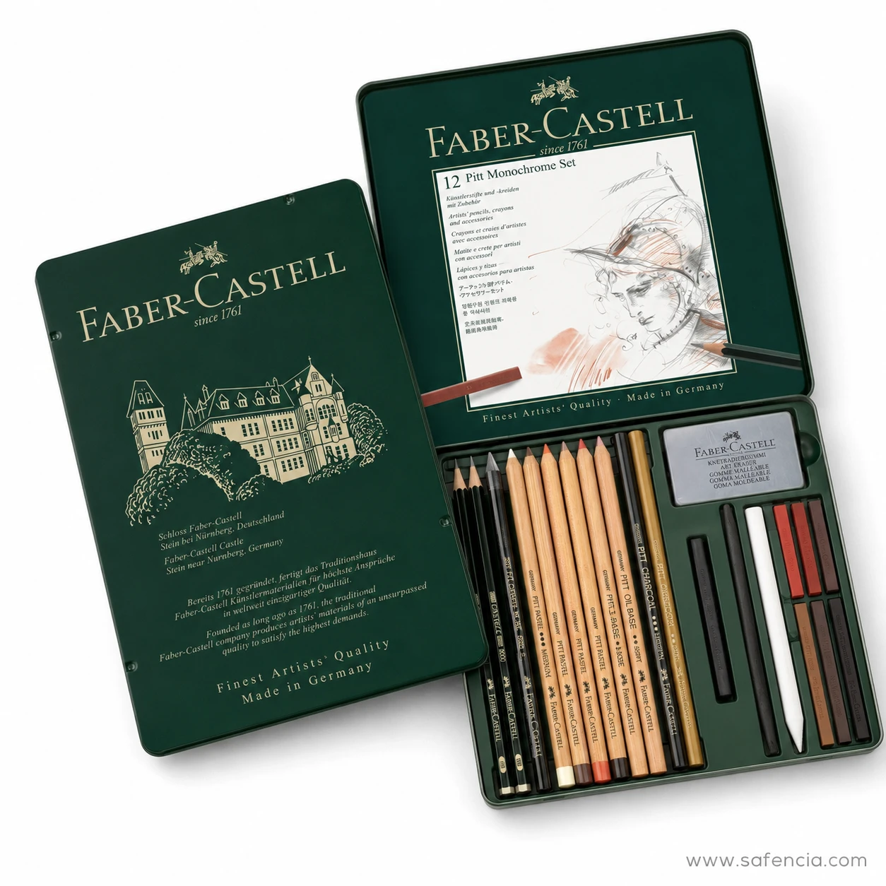 Faber-Castell Pitt Monochrome tin lid standing behind the fitted tray of pencils sticks and the kneadable eraser box