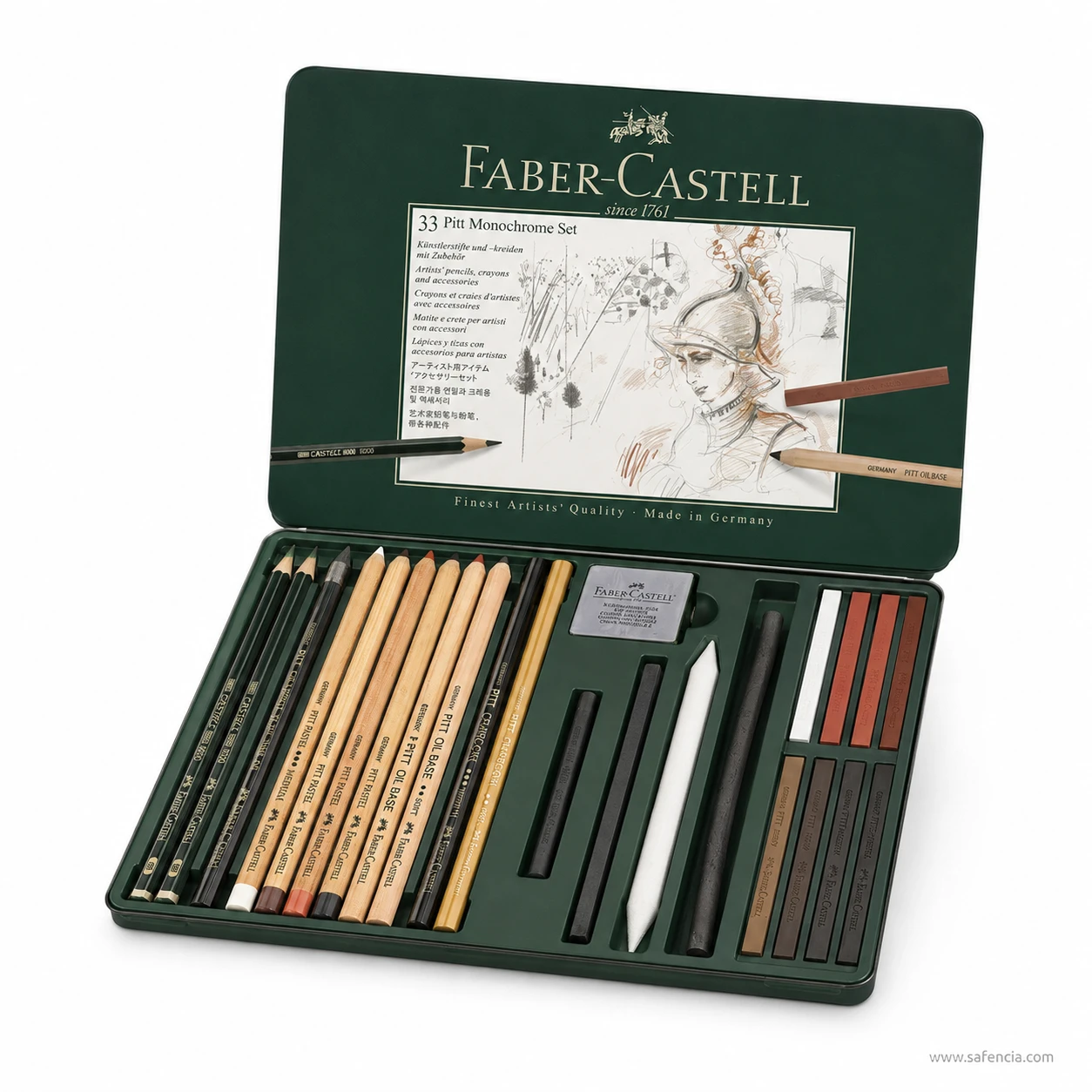 Studio shot of open Faber-Castell Pitt Monochrome metal tin showcasing organised drawing items