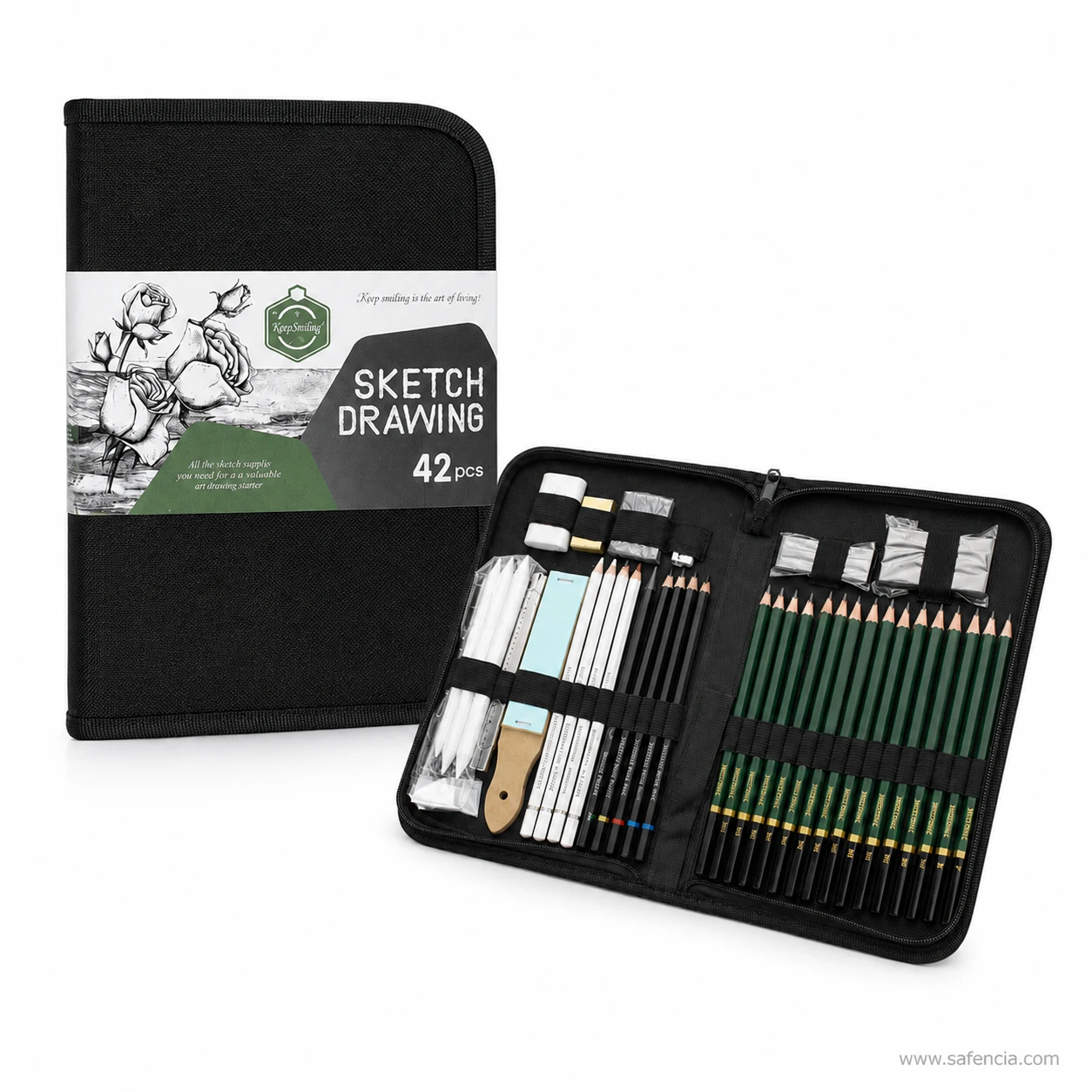 Keep Smiling sketch drawing set 42 pcs closed case in its printed sleeve beside the case opened out flat