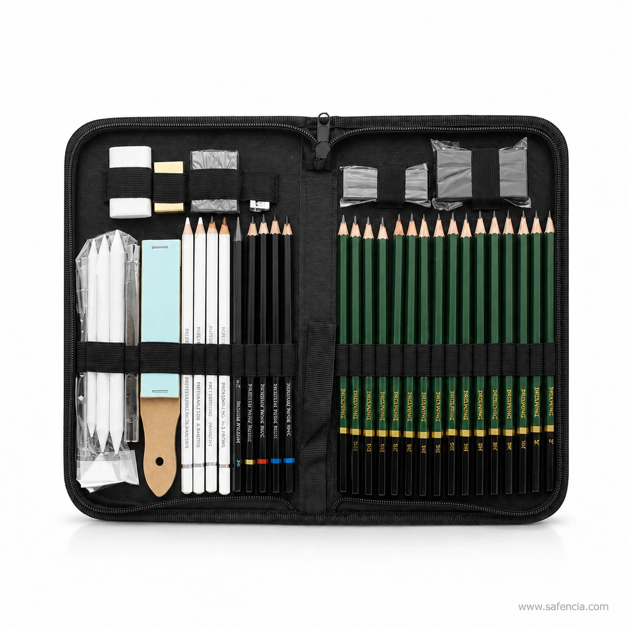 Overhead view of the Keep Smiling 42 piece sketch set open flat with pencils, stumps and erasers held in elastic loops