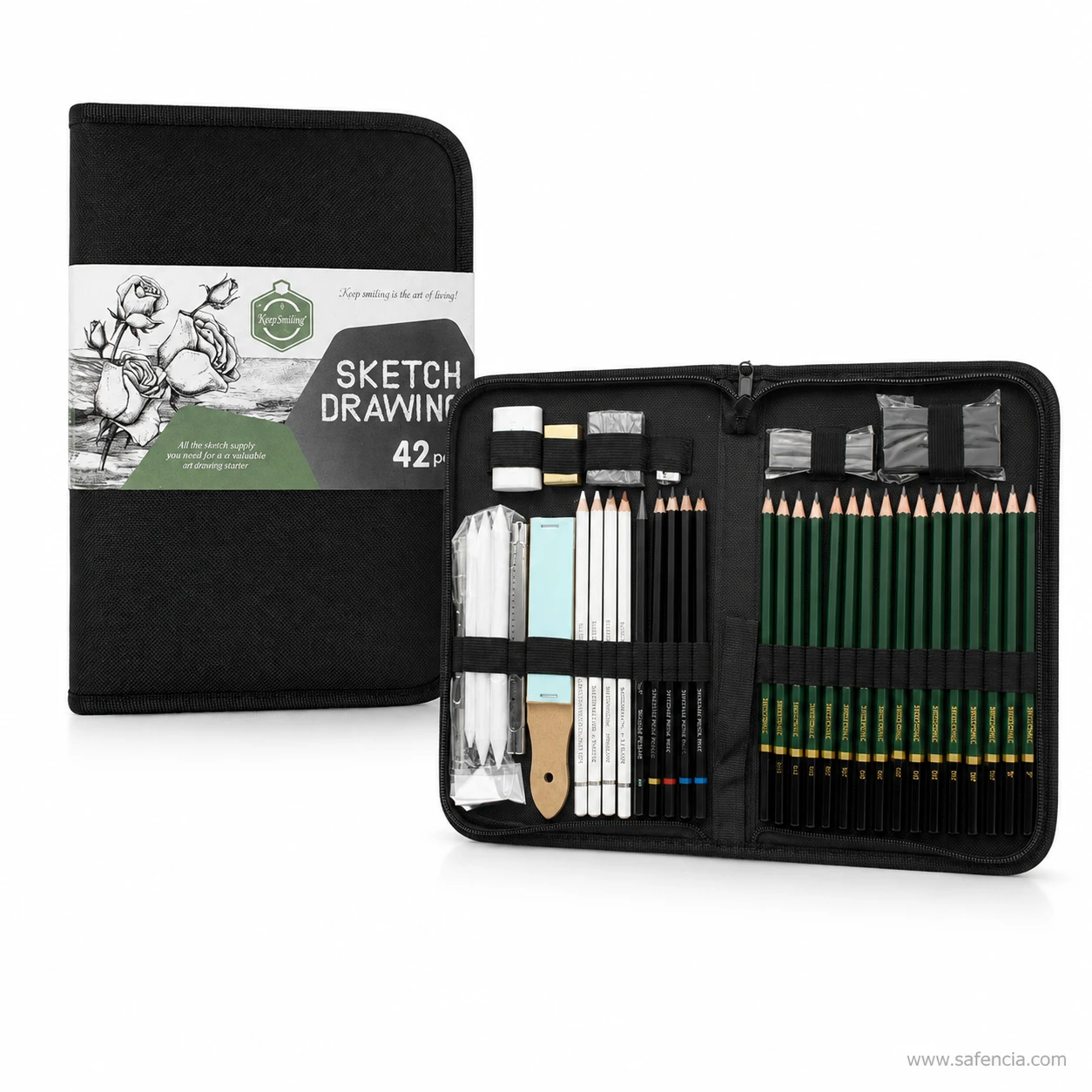 Keep Smiling 42 piece sketch drawing set showing the printed card sleeve beside the open zip case full of pencils