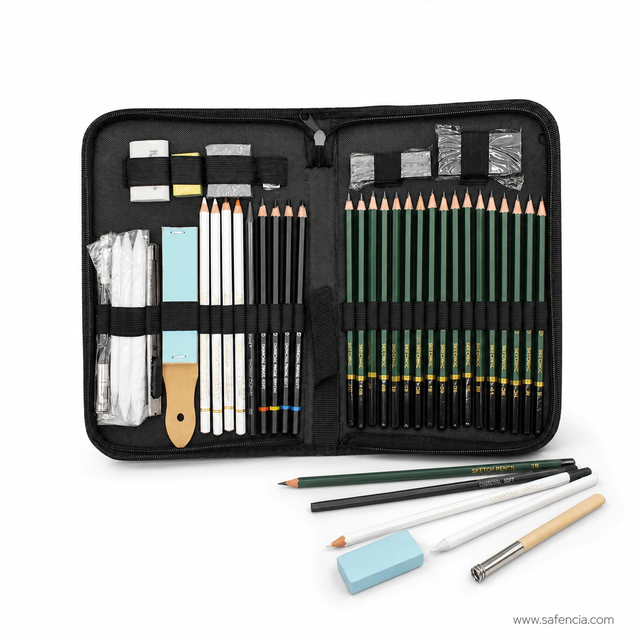42 piece sketch and drawing set zip case open showing graphite and charcoal pencils blending stumps erasers and a craft knife in elastic loops