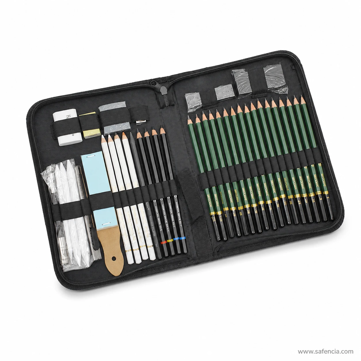 42 piece sketch set showing the row of graphite pencils in grade order beside the charcoal and white charcoal pencils