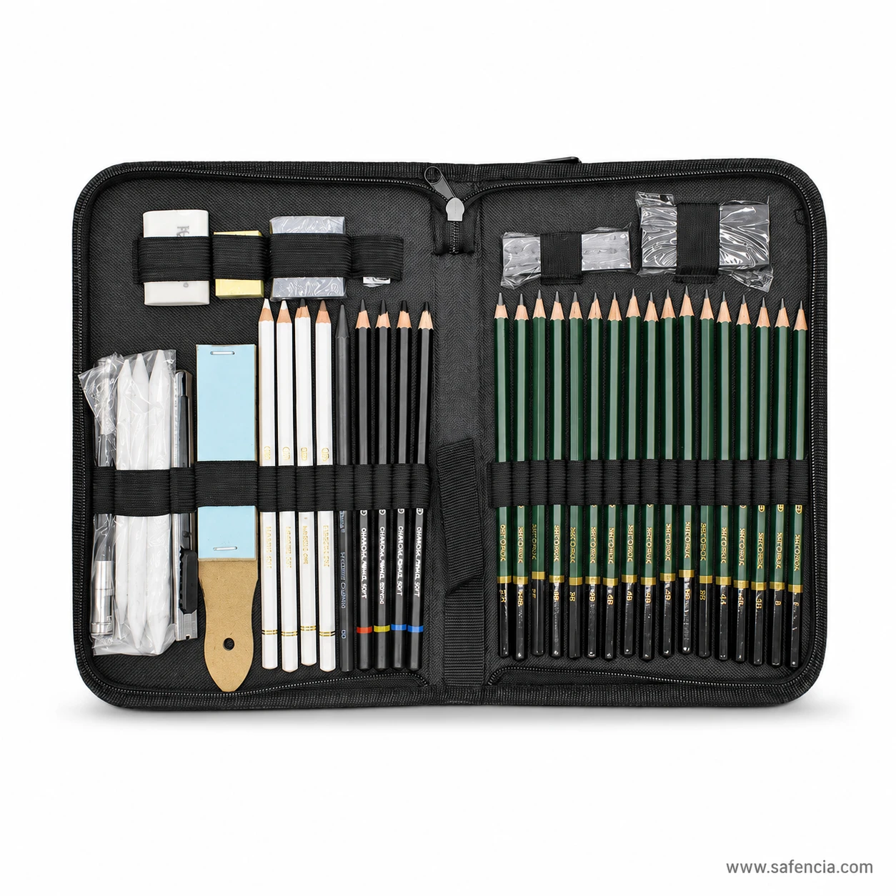 42 piece drawing set flat lay showing the sandpaper block paper stumps kneadable eraser sharpeners and pencil extender in the case