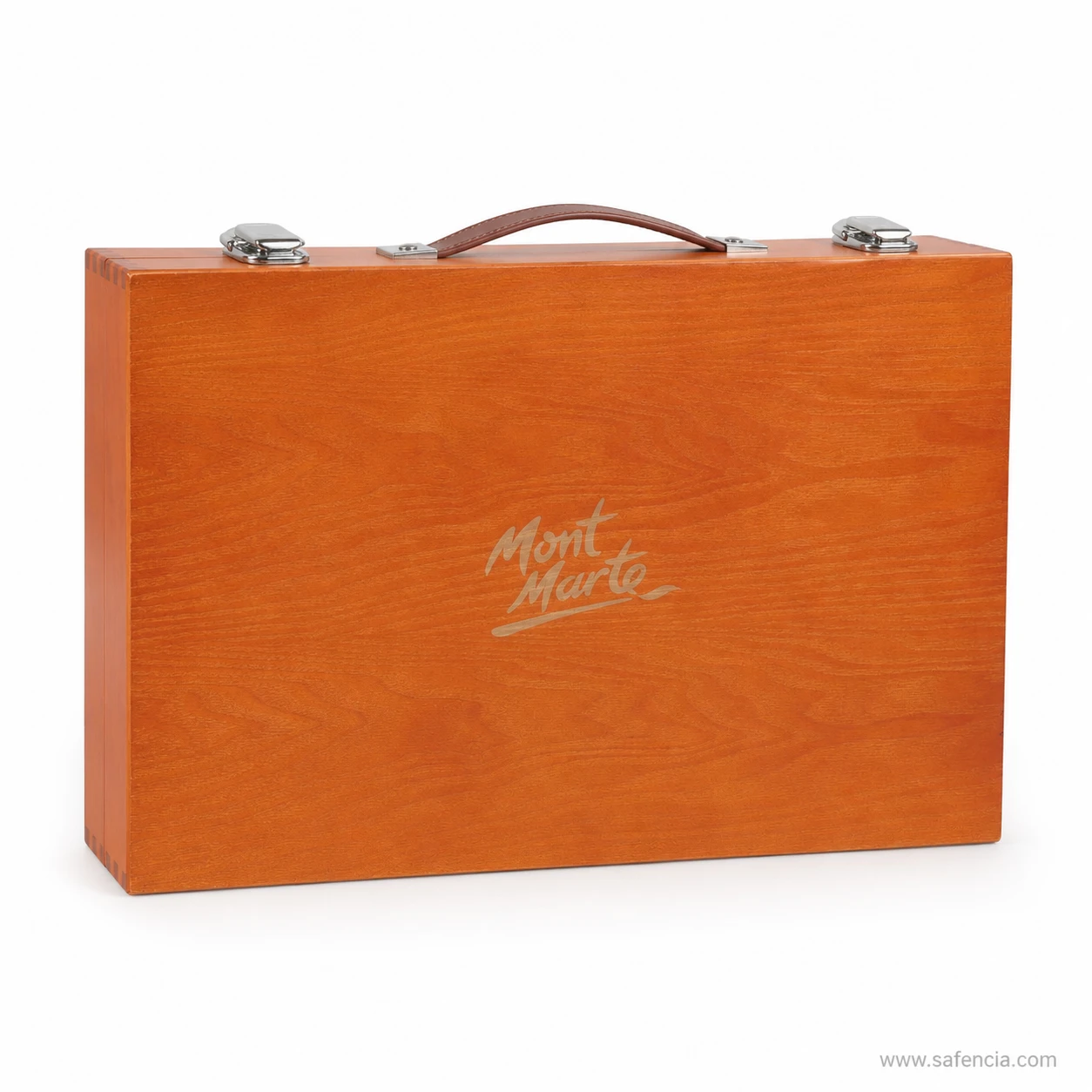 Mont Marte mixed media wooden case closed on a white background showing the carry handle and the branded lid