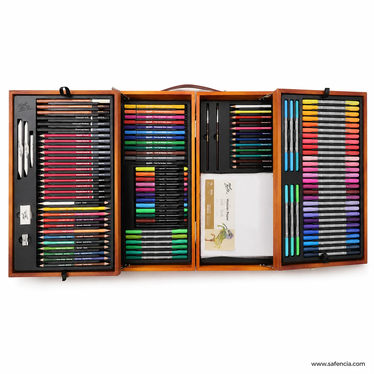 Mont Marte mixed media wooden case with the tiered trays folded out sideways showing markers and colour pencils in rows
