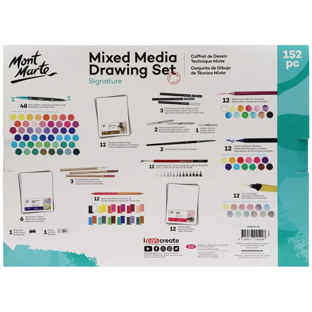 Mont Marte Mixed Media 152 piece contents panel listing the markers graphite pencils watercolour pencils charcoal and paper pads