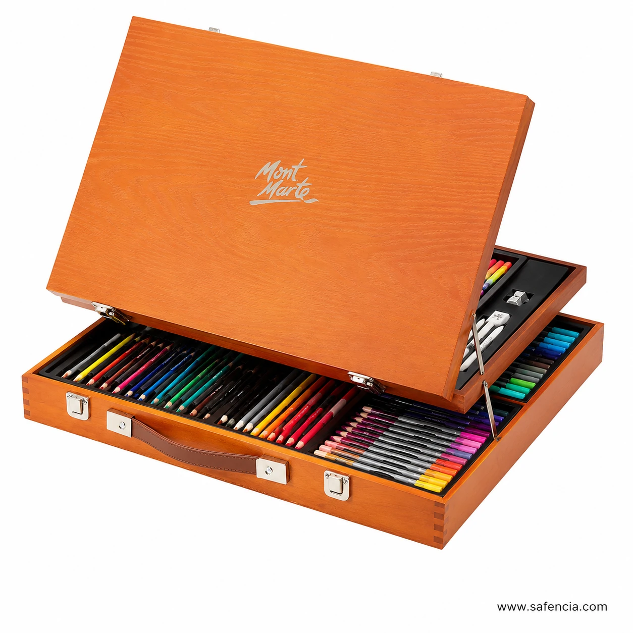 Mont Marte mixed media wooden case with the lid raised and the lower drawer pulled out showing pencils and accessories