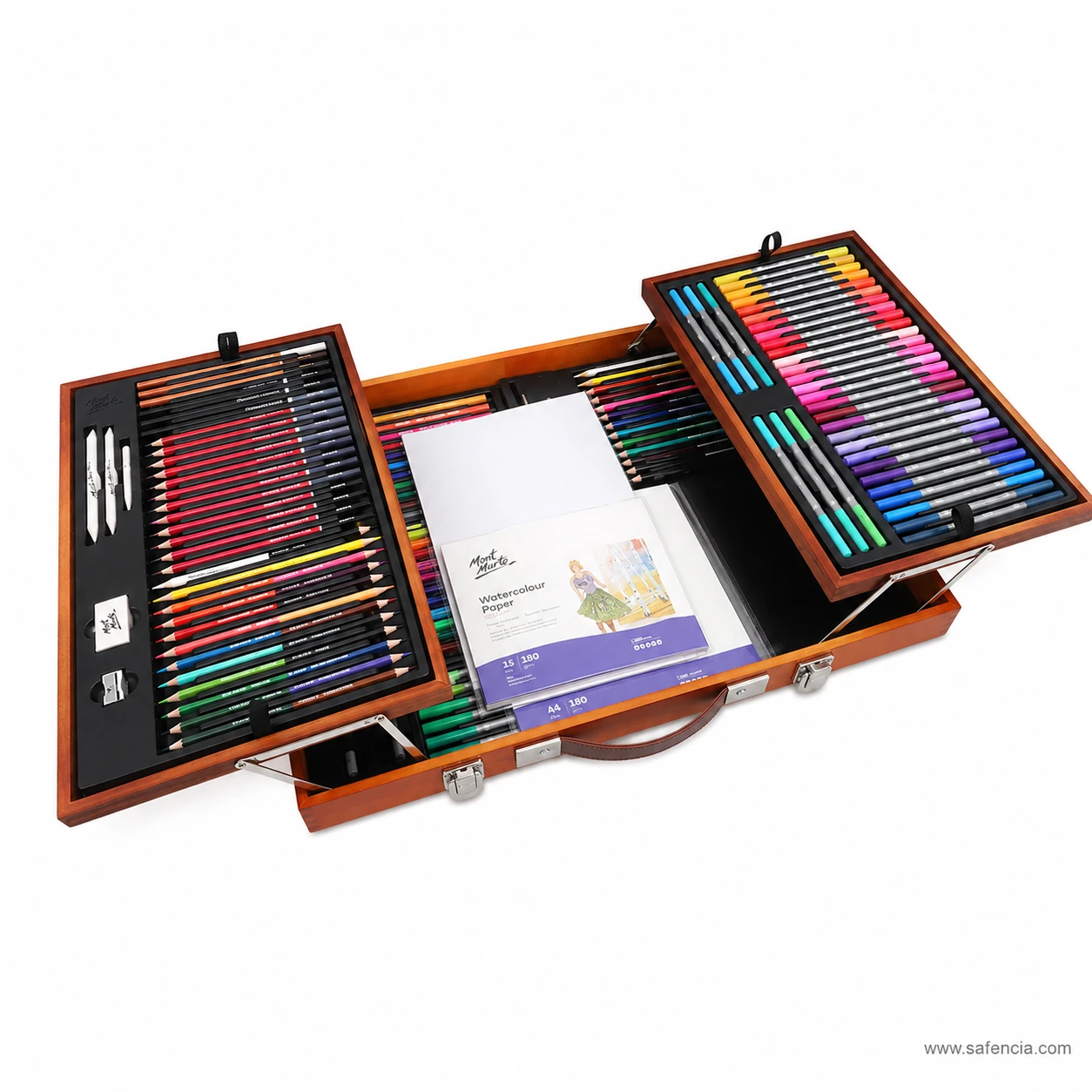 Mont Marte mixed media drawing set fully opened flat showing the paper pads in the centre and colour trays on both sides