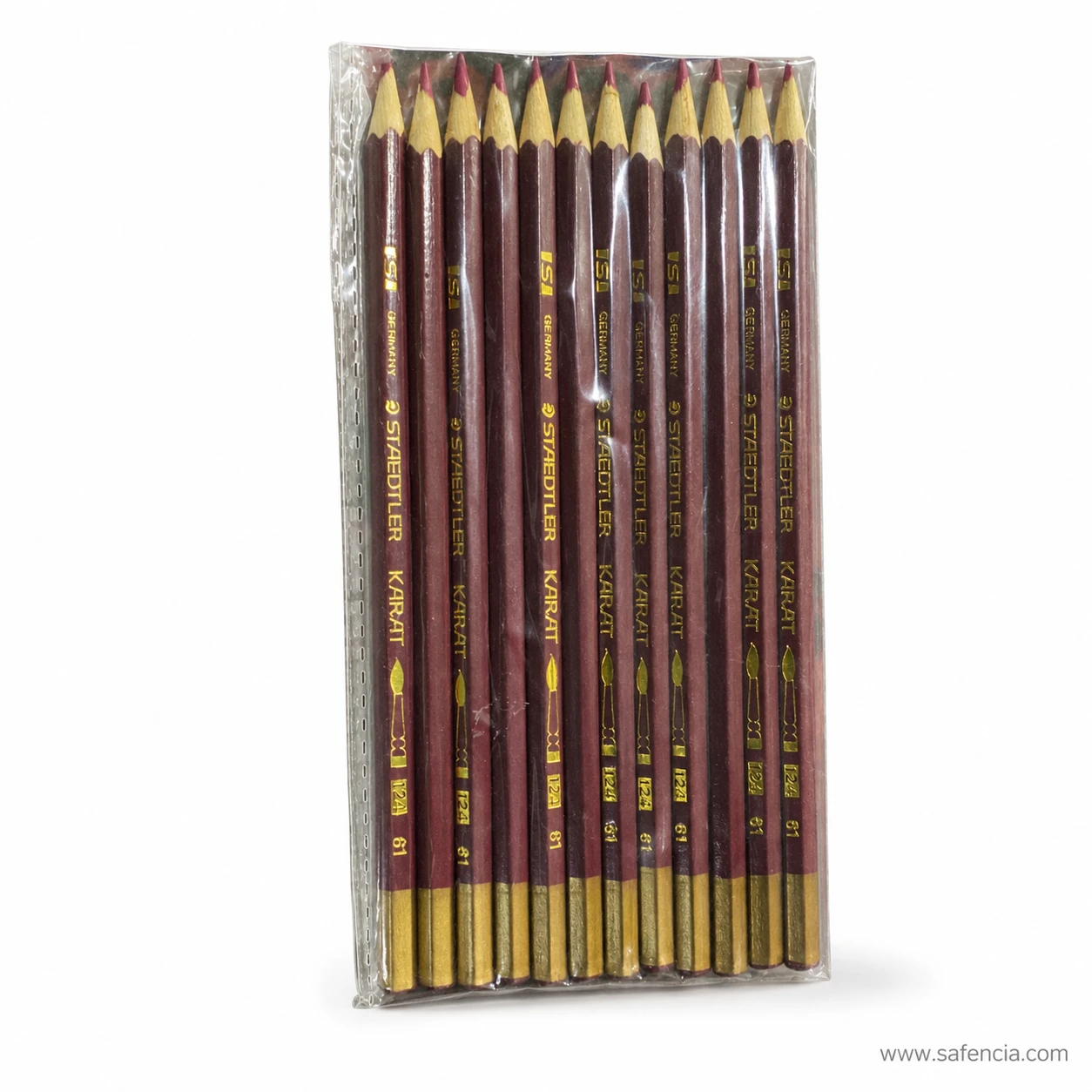 Maroon medical marking pencil barrels photographed close up with the Karat 124 printing running along each pencil