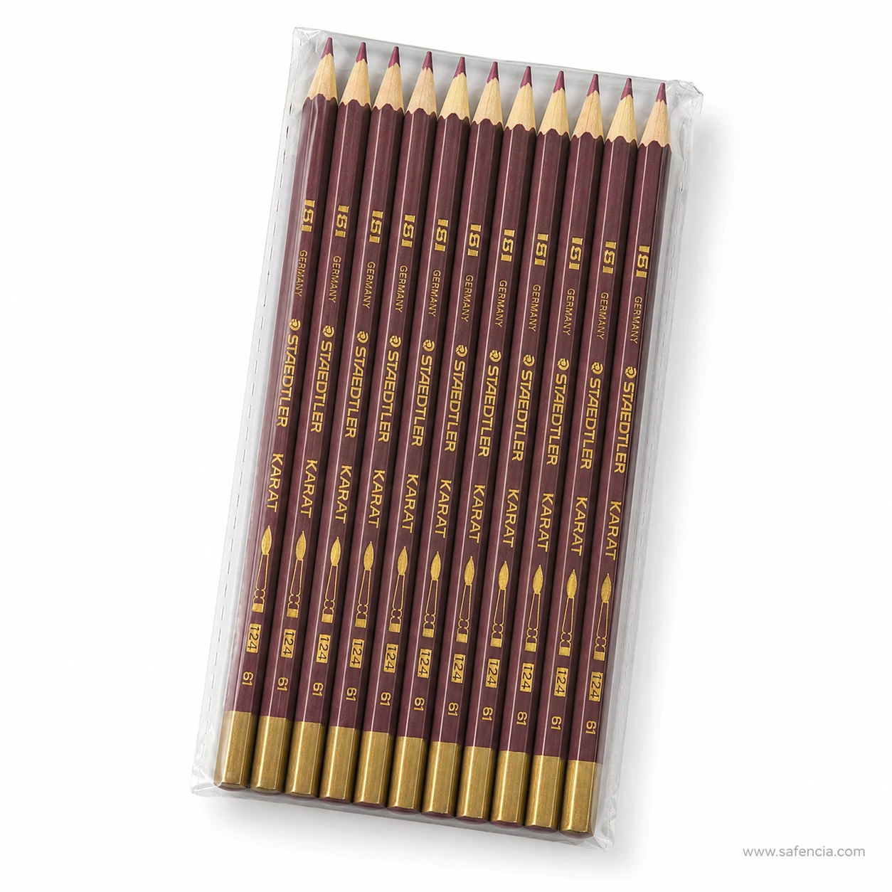 Closeup of gold foil stamped Karat 124 China marking text on maroon wooden pencil