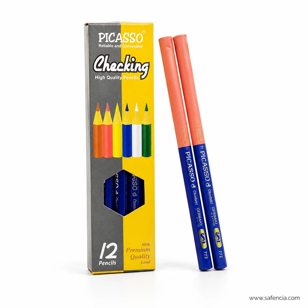 Picasso checking pencil box front printed with the 12 Pencils badge next to a pair of red and blue marking pencils
