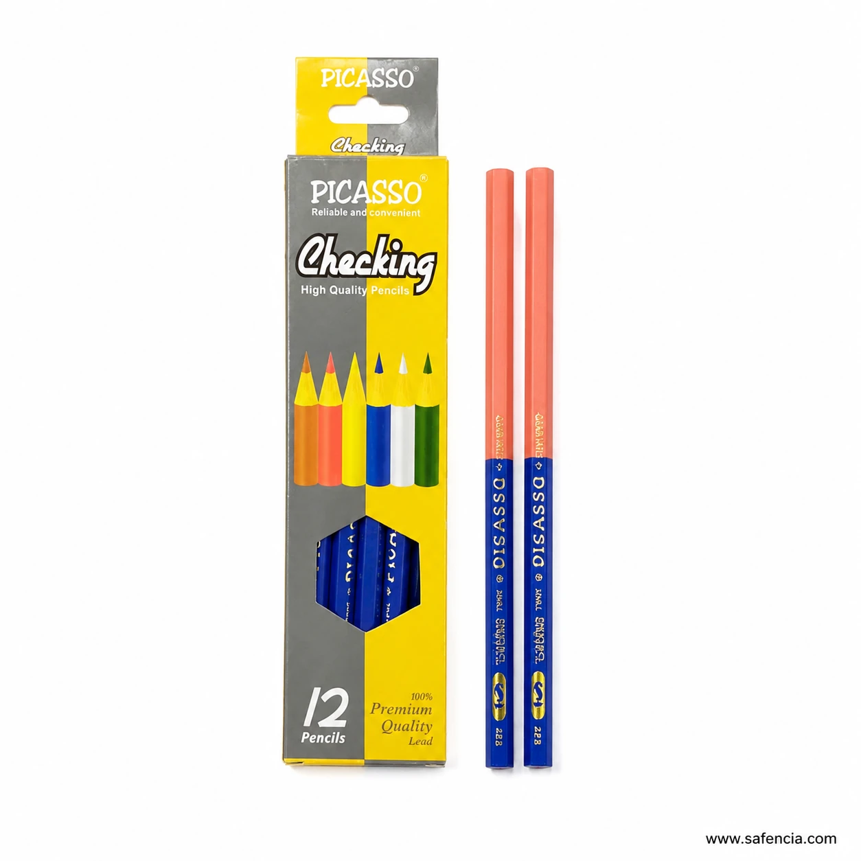 Picasso checking pencil pack leaning against two bicolour pencils on a white background with the brand name printed on the barrels
