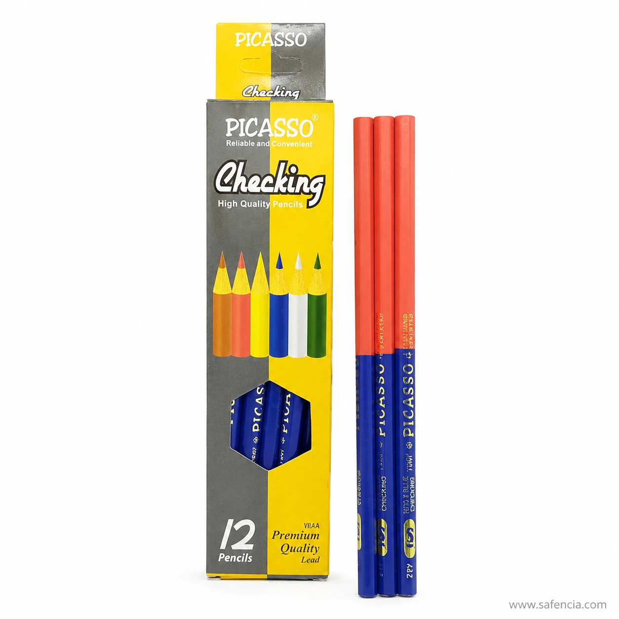 Picasso checking pencils photographed upright so both the red sharpened end and the blue sharpened end are visible