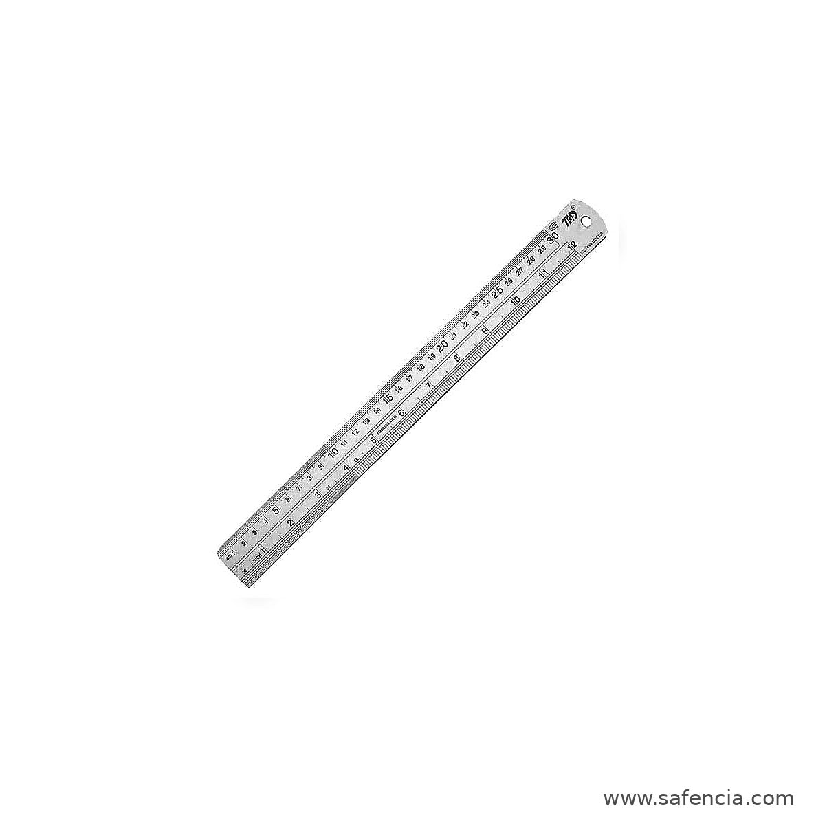 Full-length Sensa 12 inch steel ruler with red outer edge photographed diagonally on white