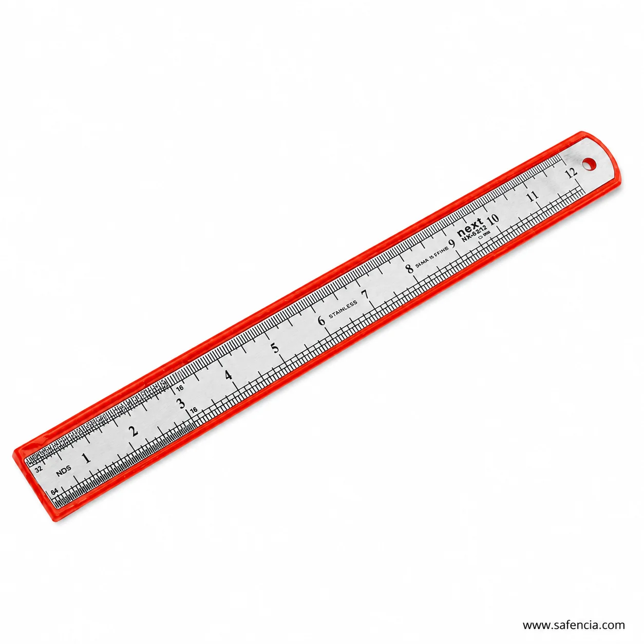 Red-edge Sensa steel ruler close view with dual graduation ticks and circular storage hole