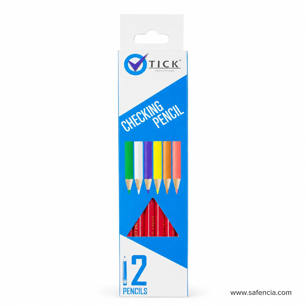 Tick checking pencil box front showing the brand mark, the printed colour range and the 12 Pencils badge at the base