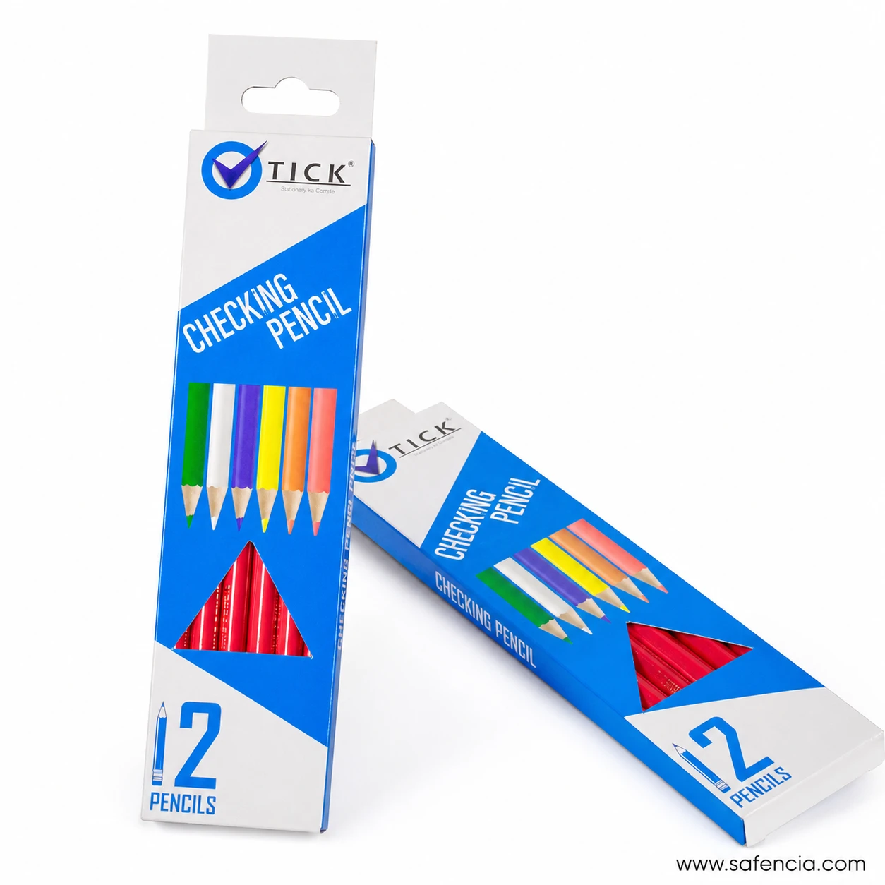 Two Tick checking pencil boxes displayed together, one upright and one lying flat showing the printed pencil illustration