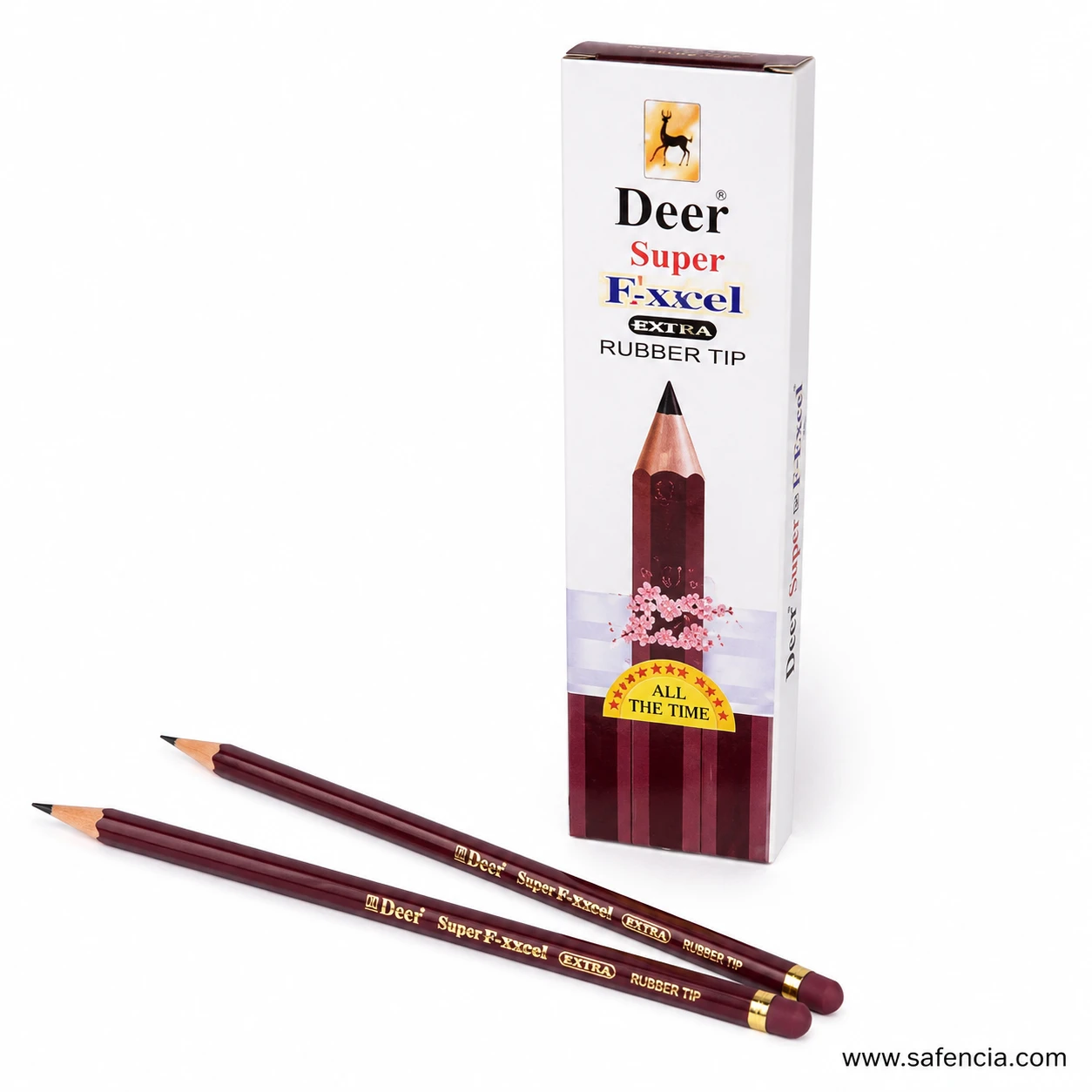 Deer Super Excel maroon pencils laid in front of the box with the sharpened points and gold eraser bands in view