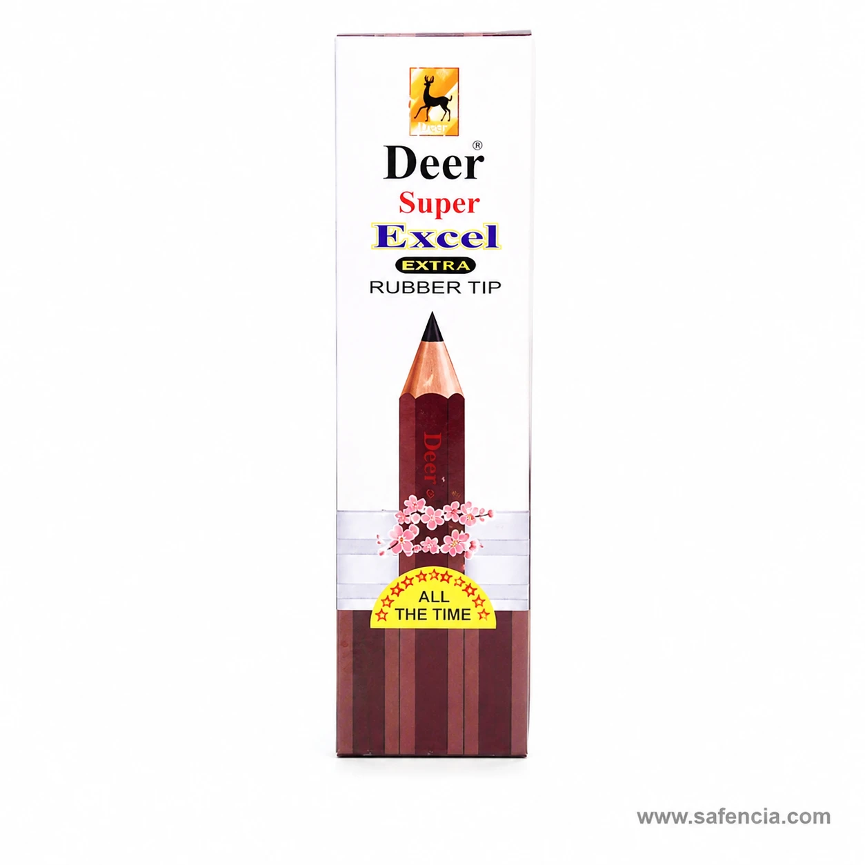 Deer Super Excel pencil box front printed with the deer logo, the range name and the extra rubber tip wording
