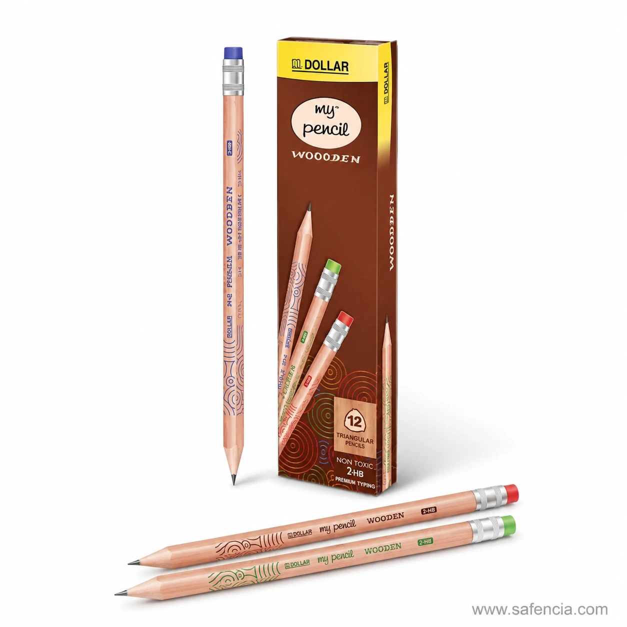 Dollar My Pencil Woodden box front printed with the 12 triangular pencils badge, the 2-HB grade and the non-toxic marking