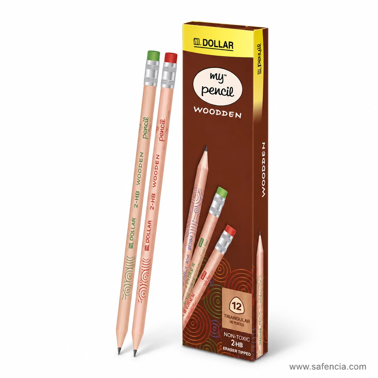 Dollar My Pencil Woodden pencils fanned in front of the box showing green and red eraser tips on the bare wood barrels