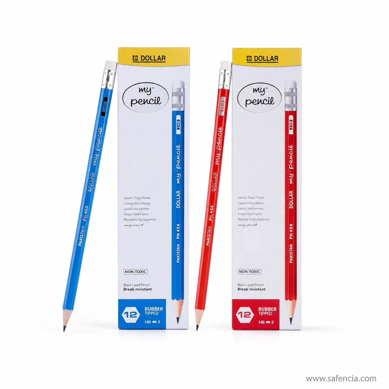 Dollar My Pencil PH-222 blue and red boxes standing side by side each with a matching lacquered pencil in front