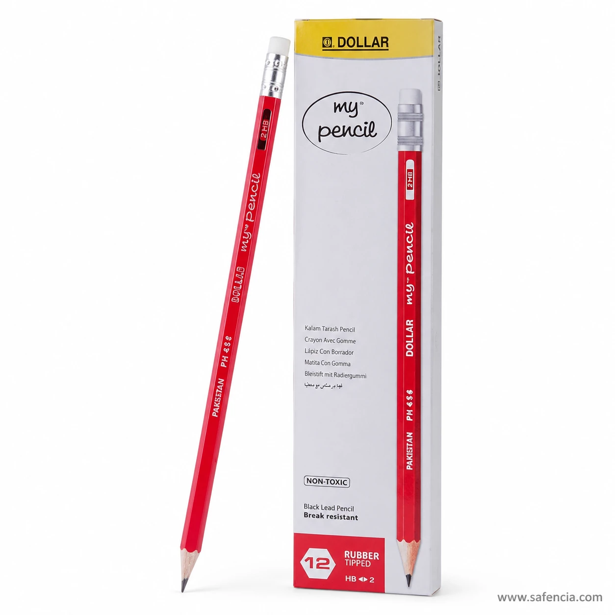 Dollar My Pencil PH-222 red hexagonal pencil leaning against its box with the sharpened point and metal ferrule visible