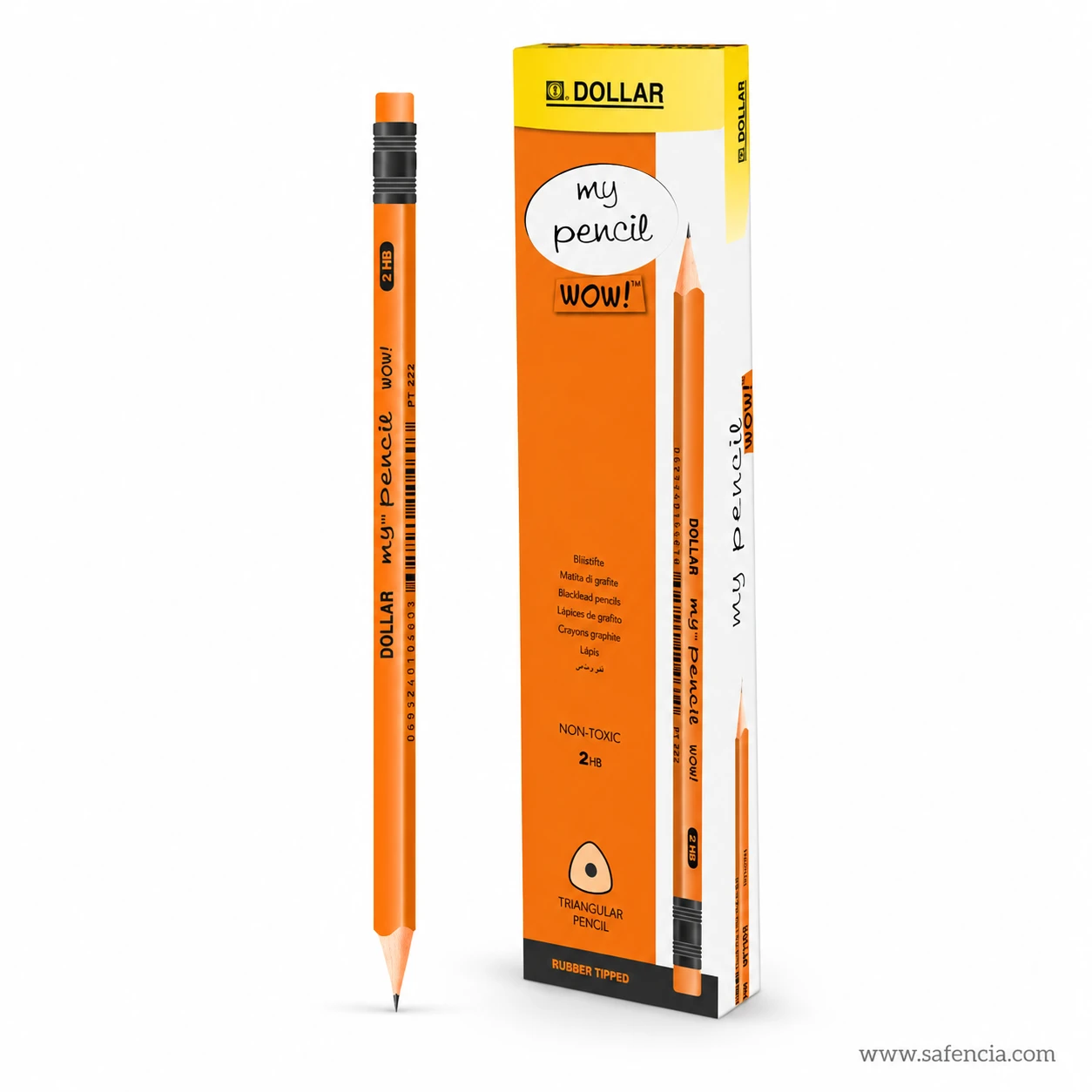 Dollar My Pencil Wow orange barrels photographed close to the box showing the range name printed along each pencil