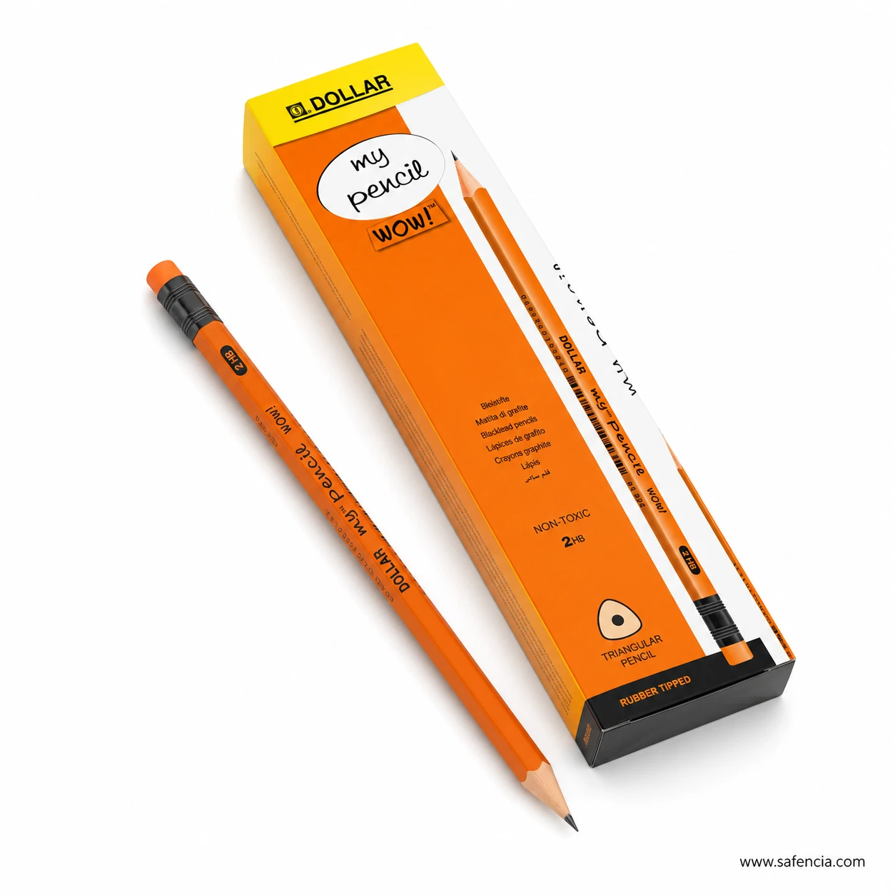 Dollar My Pencil Wow box lying open at an angle with two sharpened orange pencils resting in front of the packaging