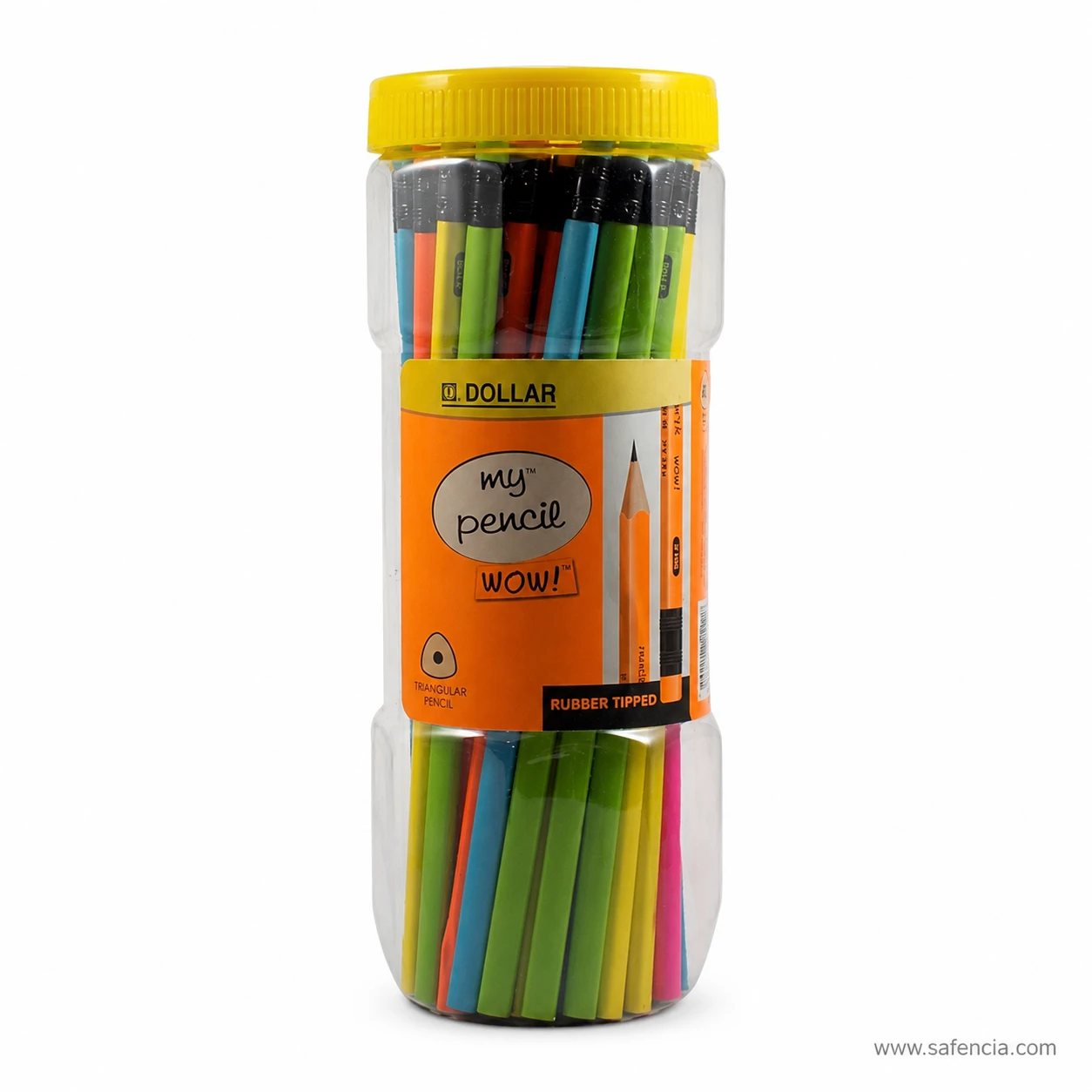 Dollar My Pencil Wow jar of pencils seen from the front showing the assortment of barrel colours packed inside