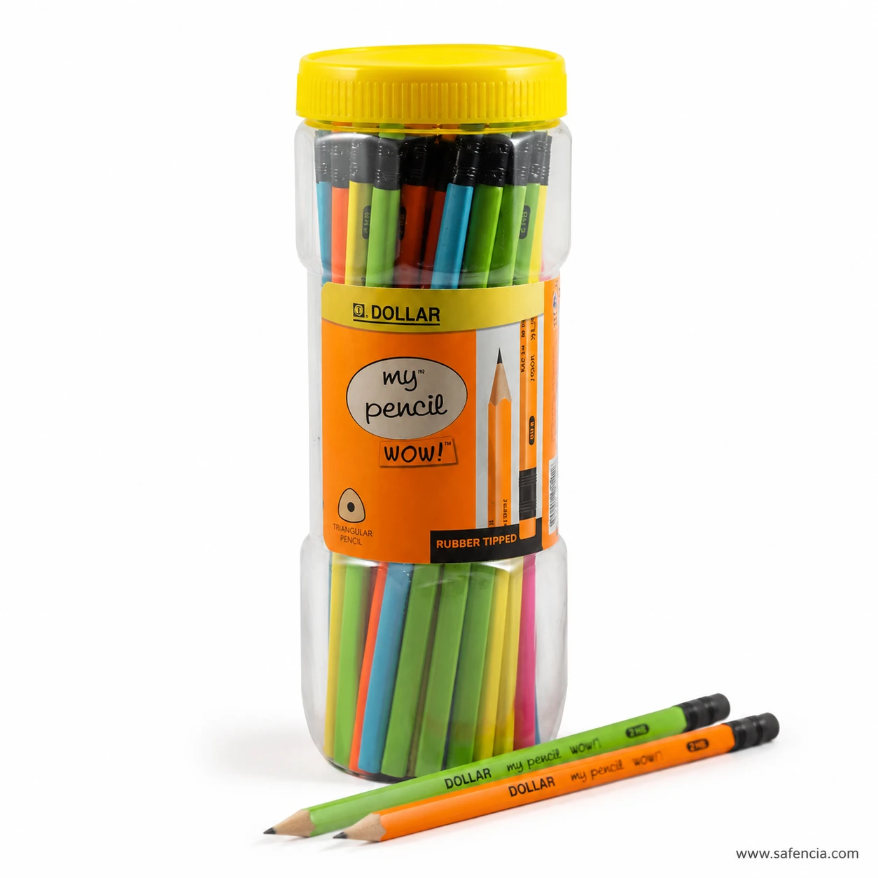 Dollar My Pencil Wow jar of 48 with a yellow screw lid filled with bright mixed colour triangular pencils