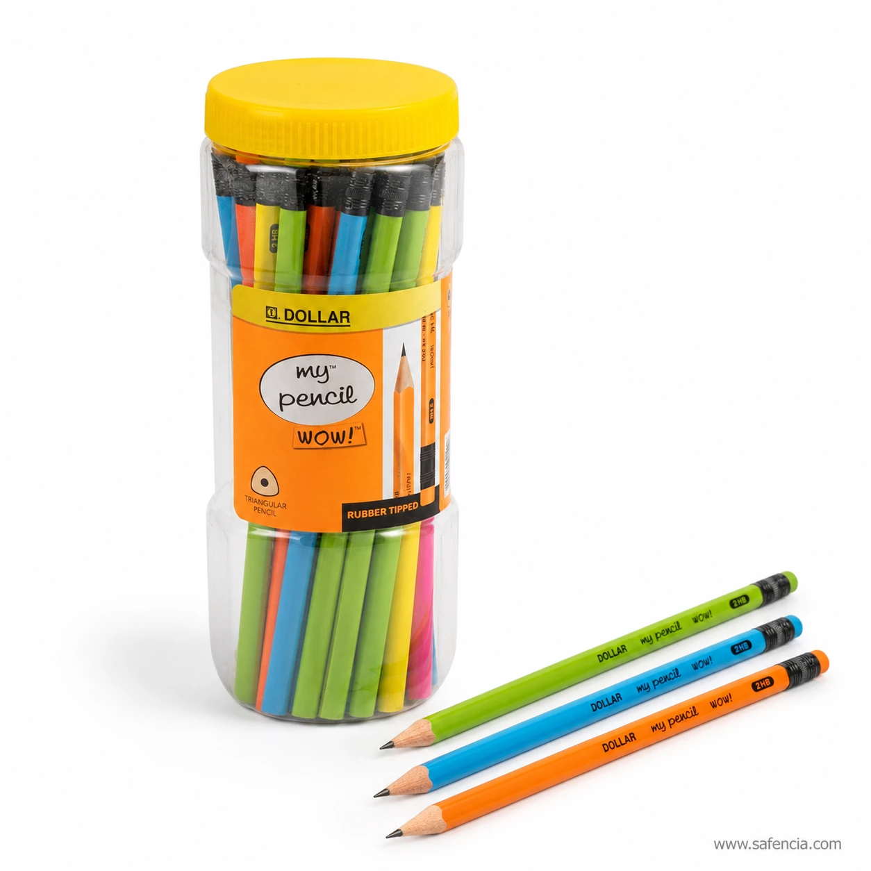 Dollar My Pencil Wow jar standing behind three loose pencils in green blue and orange with rubber tips