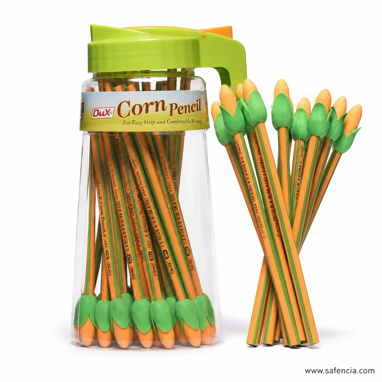 Dux Corn pencils laid out to show the orange and green striped barrel and the moulded corn cob eraser at the end