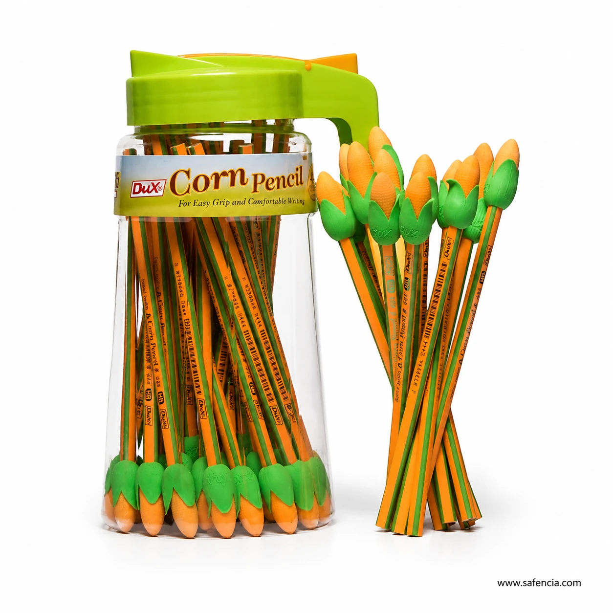 Dux Corn Pencil jar filled with forty eight corn printed pencils standing upright with the erasers at the base of the tub