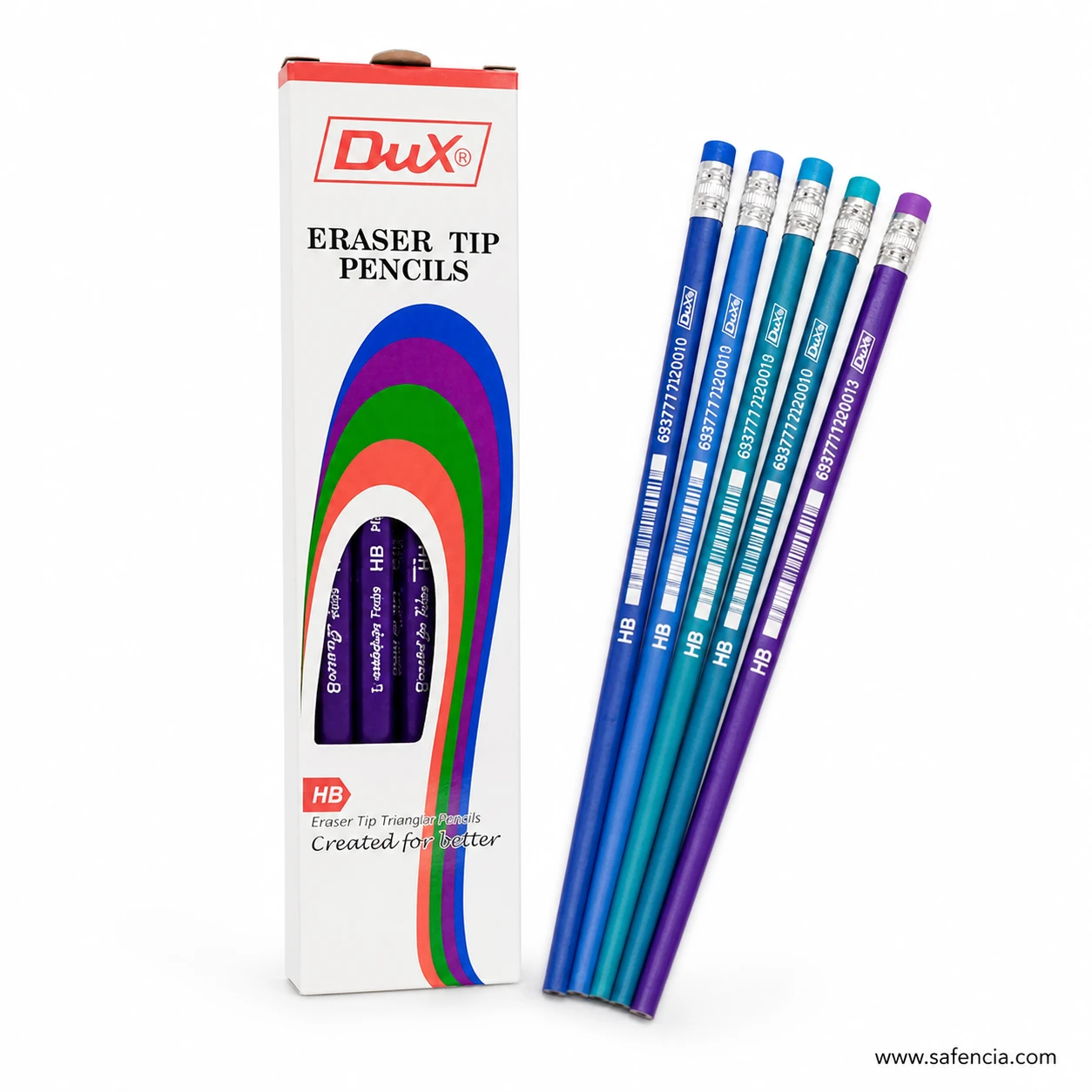 Dux Eraser Tip 888 box front printed with the rainbow arc, the eraser illustration and the HB grade marking