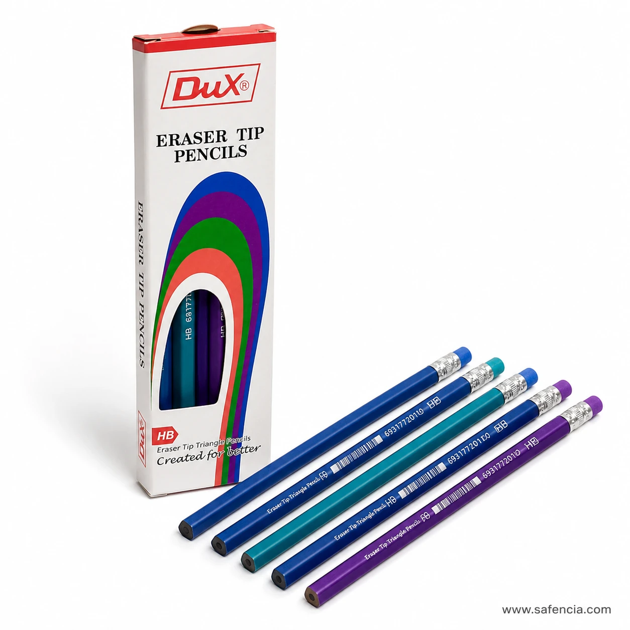 Dux Eraser Tip 888 triangular pencils fanned in front of the box showing the flat faces and the white printed branding
