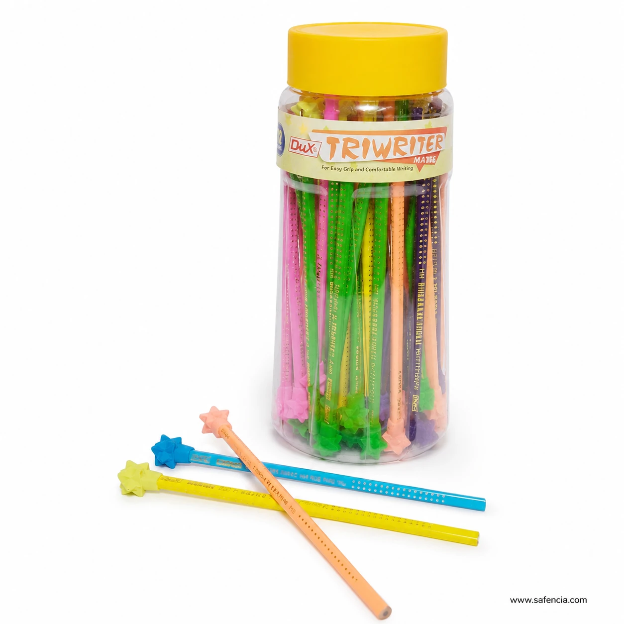 Dux Triwriter Matita triangular pencils in the jar with loose pencils showing the dotted grip texture and soft star toppers
