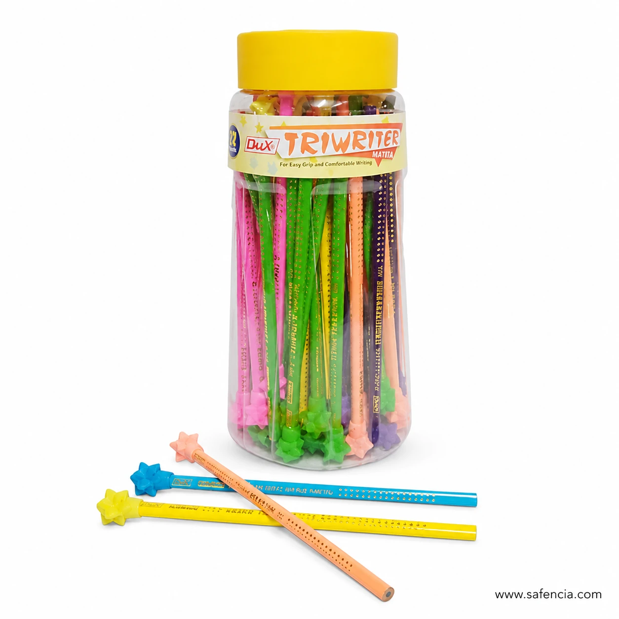 Dux Triwriter star-topper pencils in neon pink, green, yellow, orange and purple standing in the clear jar with star tops showing