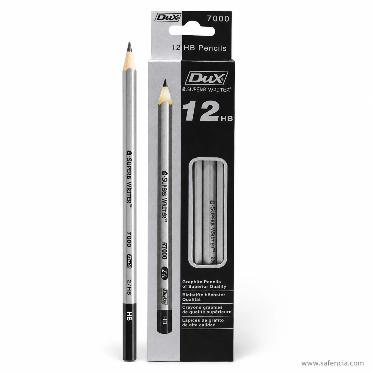 Single Dux Superb Writer 7000 pencil laid in front of its box with the sharpened point and printed model number visible