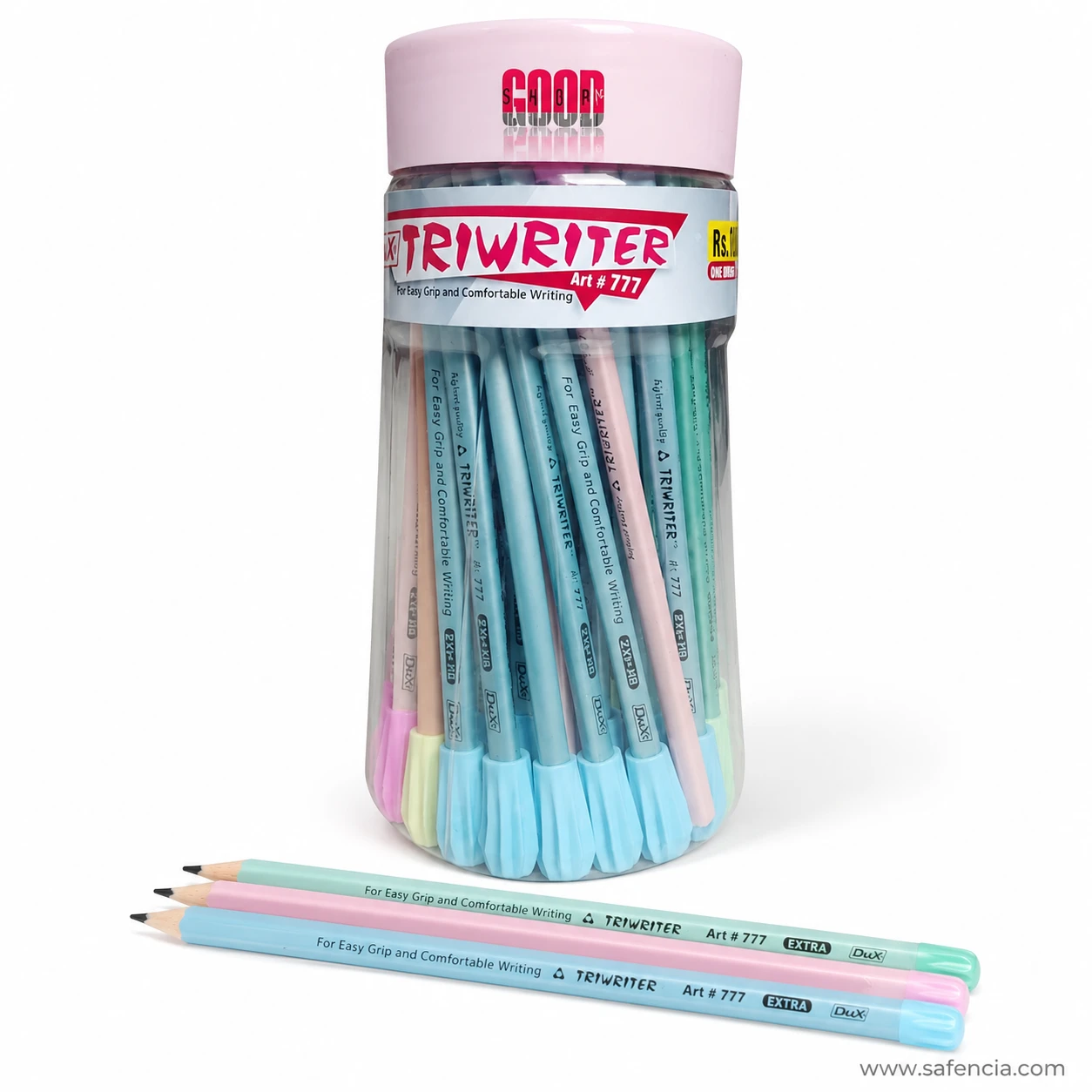 Dux Triwriter 777 pastel jar behind three loose triangular pencils showing the sharpened points and matching tips