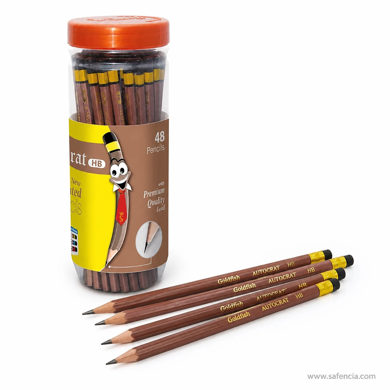 Goldfish Autocrat HB pencil jar of 48 with an orange screw lid beside four tan barrels laid on white