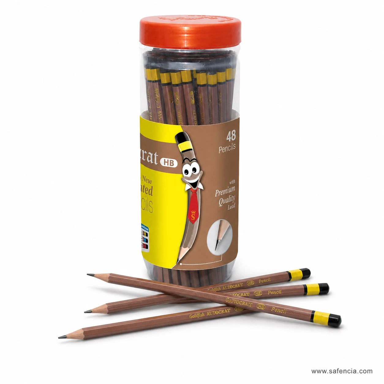 Goldfish Autocrat HB pencils jar standing behind crossed tan pencils showing the sharpened points and gold branding